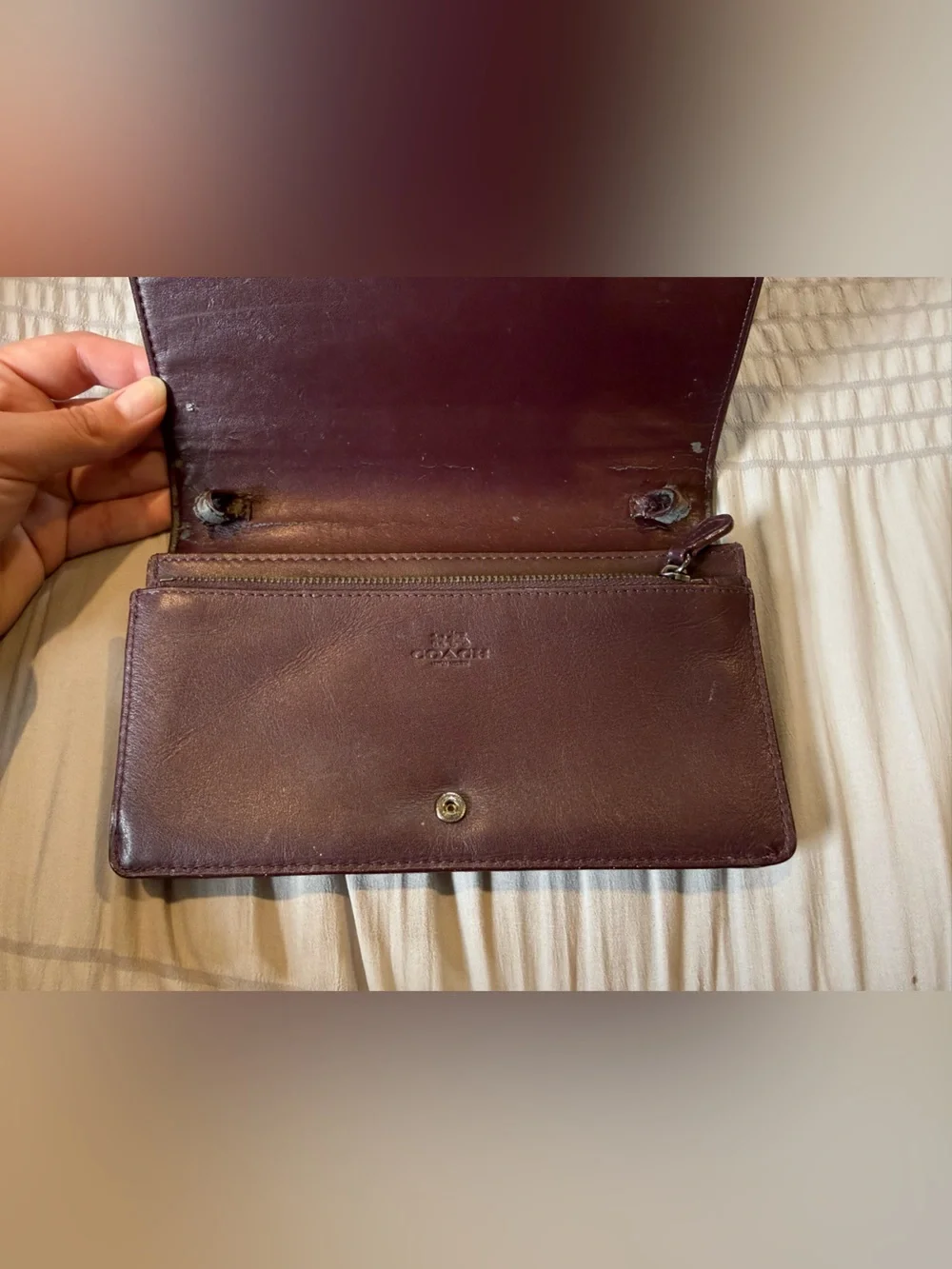Coach Burgundy Purple Shiny Leather Foldover Wallet Crossbody No Strap